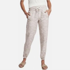 Athleta Cabo Linen Camo  Drawstring Waist Jogger Pants Tan White Pull-On…